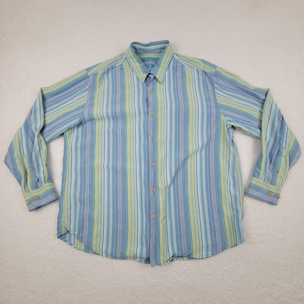 Tommy Bahama Long Sleeve Button Up Shirt Mens XL Green Blue Silk Stripes **READ